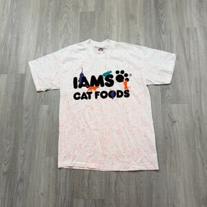 Vintage Iams Pet Food All Over Print Shirt Men's Large White Orange 90s Cat Dog